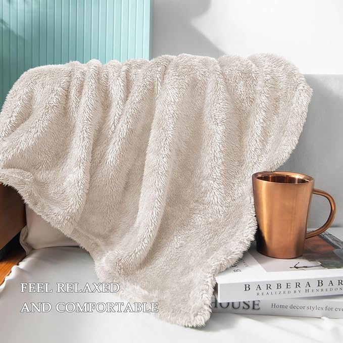 Exclusivo Mezcla Plush Fuzzy Fleece Bed Blanket Queen Size, Super Soft, Fluffy and Warm Blankets Suitable for All Seasons (Beige, 90x90 Inches)