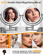Wall Mounted Makeup Mirror with Lights Hardwired, 1/5X Magnifying Double Sided Touch Dimming, 360 Rotation Extension Arm Shaving Light up Mirror for Bathroom, Chrome