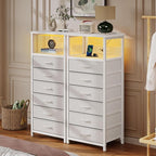 Seventable Night Stand with Charging Station, Tall Nightstand with 6 Fabric Storage Drawers, Side Table with LED Light for Bedroom, Entryway, White