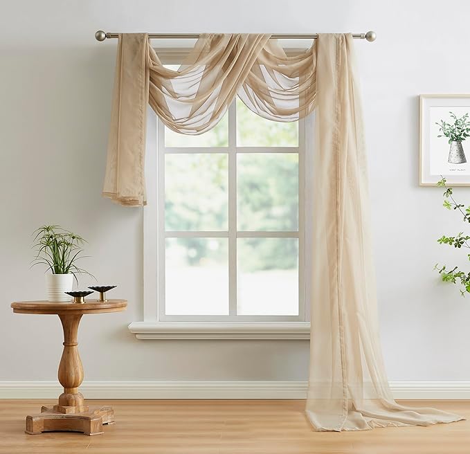 LinenZone Taupe Window Scarf Valance in 144 Inch Size. Use Window Scarves as Canopy Bed or Backdrop Curtains, Curtain Scarf, or Sheer Fabric for Draping. (Amazing 55 x 144, Taupe)