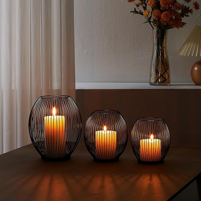 OLEEK Small Outdoor Candle Holders for Patio - Pillar Candle Holder - Black Wire Candle Holder for Table Centerpiece - Iron Lantern Decorative Candles - Farmhouse Decor Fireplace Metal Candle Holders