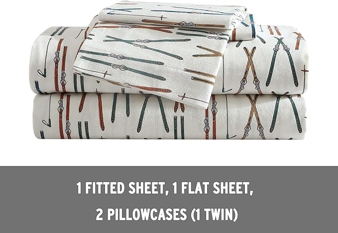 Eddie Bauer - Full Sheets, Cotton Flannel Bedding Set, Brushed For Extra Softness, Cozy Home Decor (Ski Line White, Full)