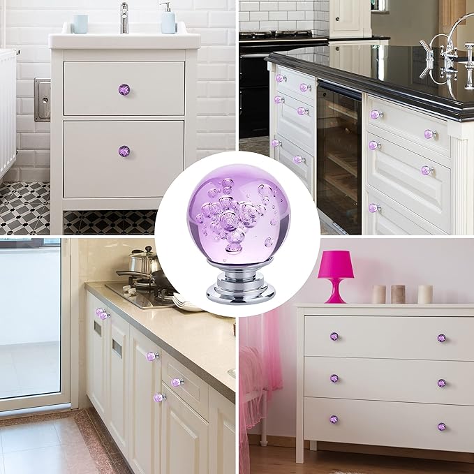 10 PCS Crystal Cabinet Knobs Round Glass Bubbles Dresser Knobs Smooth Drawer Knobs Handle for Home, Cabinet, Drawer and Dresser Hardware with 3 Different Size Screws, 30MM (Purple)