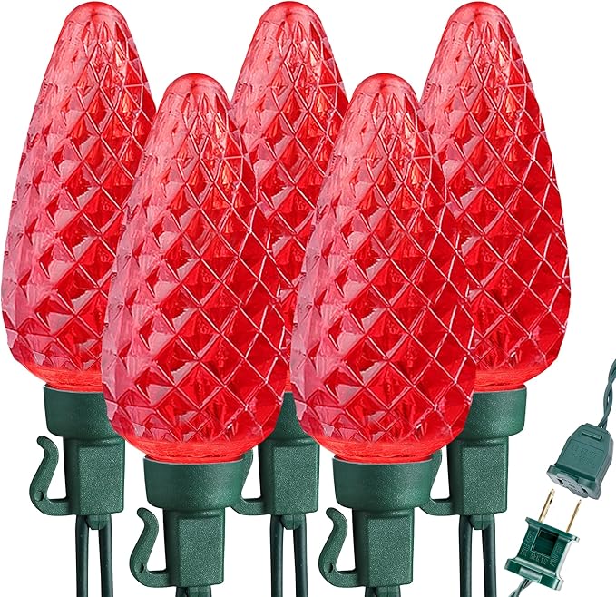 Brizled Red String Lights, 16ft 25 LED Faceted C9 Chrsitmas Lights, Connectable 120V UL Certified Tree Lights, Indoor Outdoor Christmas String Lights for Xmas, Patio, Party