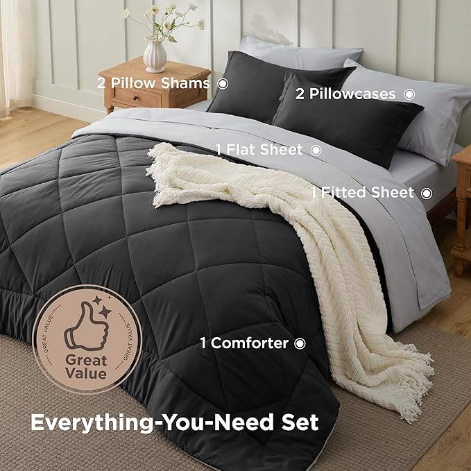 Bedsure Charcoal Grey Queen Comforter Set - 7 Pieces Reversible Bedding, Queen Size Bed Set for All Seasons, Bed in a Bag with Down Alternative Comforter, Sheets, Pillowcases & Shams