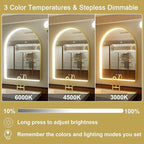 40x30 Inch Arched Gold LED Bathroom Mirror with Lights, Adjustable 3000K/4500K/6000K, Wall Mounted Framed Lighted Bathroom Vanity Mirror, Anti-Fog, Dimmable, Memory Function