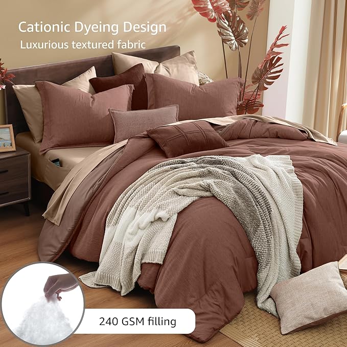 Monbix Full Size Comforter Set, Terracotta Bedding Comforter for Full Size Bed Set Reversible, Bedding Sets Full 7 Pieces, Cationic Dyeing Bed in a Bag with Comforter, Sheets, Pillowcases & Shams
