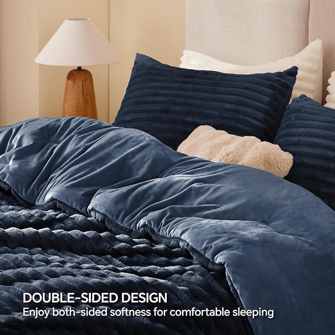 BEDELITE Fleece California King Comforter Set -Super Soft & Warm Fluffy Navy Blue Bedding, Luxury Fuzzy Heavy Bed Set for Winter with 2 Pillow Cases