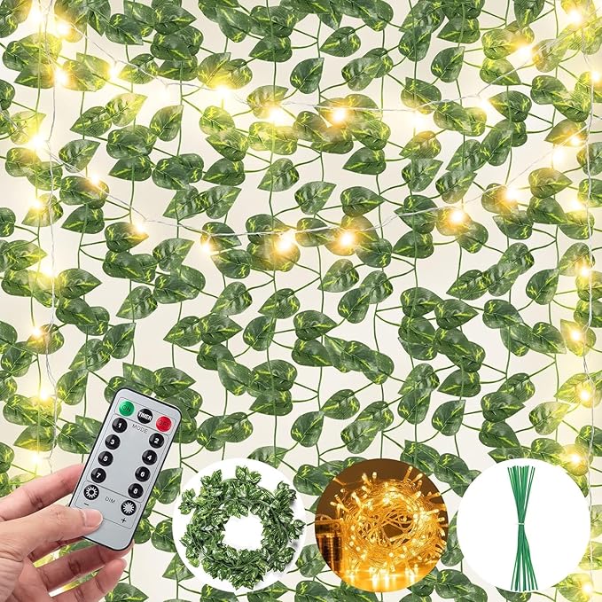 JACKYLED 80Ft 12 Pack Artificial Ivy Garland, Pothos Money Leaves with CE Certified 80 LED String Lights, Hanging Ivy Lights for Bedroom Garden Party Wall Room Decor