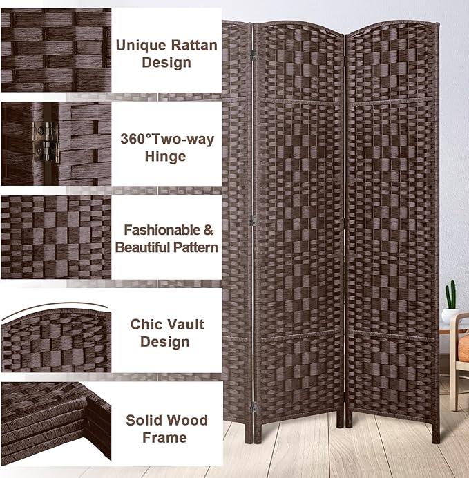 Rose Home Fashion 6 ft Tall Room Divider, Room Dividers and Folding Privacy Screens, 15.7in Privacy Screen 8 Panel Partition Temporary Wall Separation for Private, Brown