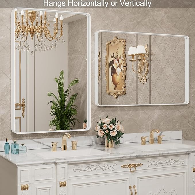 LOAAO 40x36 Inch White Metal Framed Bathroom Mirror for Wall, White Bathroom Vanity Mirror Farmhouse, Large Rounded Rectangle Mirror, Anti-Rust, Tempered Glass, Hangs Horizontally or Vertically