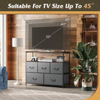 WLIVE 5 Drawer Dresser TV Stand for 45 Inch TV, Entertainment Center with Open Shelf and Power Outlet, Chest of Drawers for Bedroom, Living Room, Closet, Dark Grey