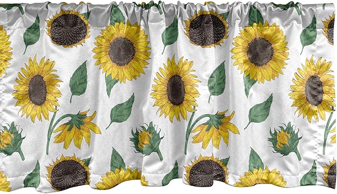 Ambesonne Sunflower Window Valance, Agricultural Pattern Botanical Inspiration Hand-Drawn Flowers, Curtain Valance for Kitchen Bedroom Decor with Rod Pocket, 42" x 12", Reseda Green Dark Brown