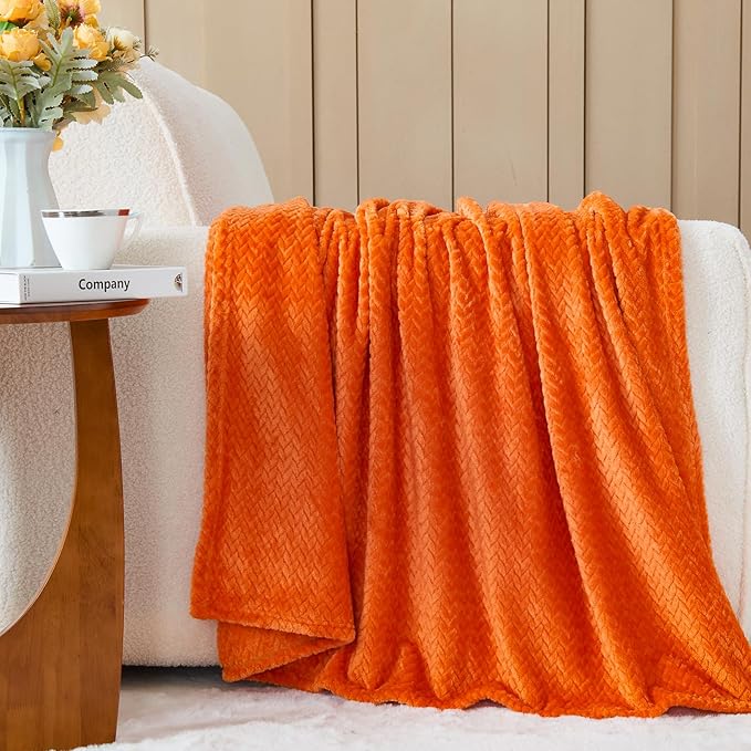 NEWCOSPLAY Super Soft King Blanket Orange Premium Silky Flannel Fleece Leaves Pattern Lightweight Bed Blanket All Season Use (Orange, King(90"x110"))
