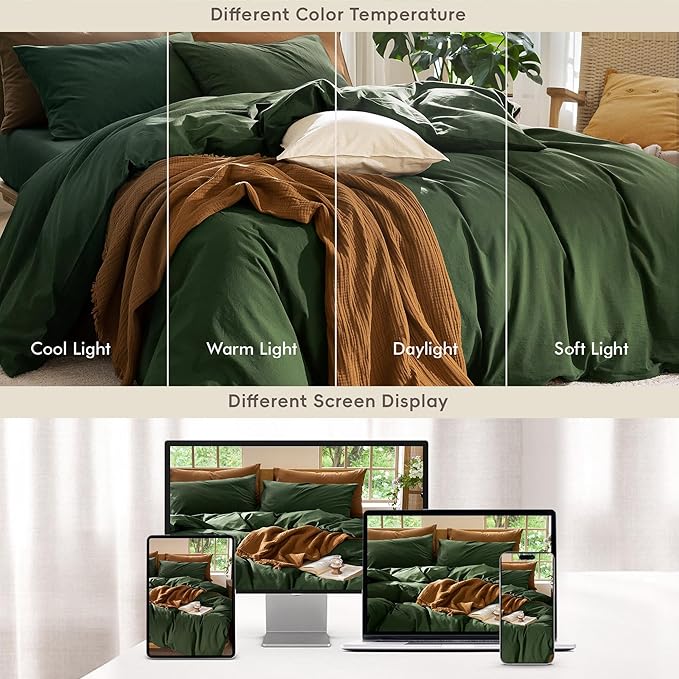 MooMee Bedding Duvet Cover Set 100% Washed Cotton Linen Like Textured Breathable Durable Soft Comfy (Solid Forest Green, Full 80"x90")