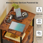 Fixwal Night Stand with Charging Station, LED Nightstand with U-S-B Ports and Outlets, 2 Fabric Storage Drawers with PU Finish, Bedside Table, Rustic Brown