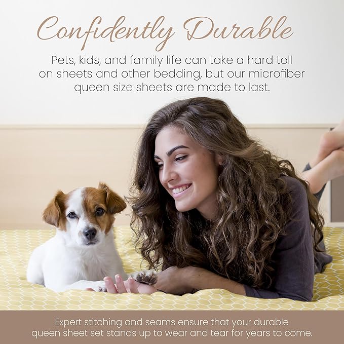Linen Market Double-Brushed Patterned Microfiber Queen Sheet Set 4 Piece – Oeko-TEX Certified Ultra Soft & Wrinkle-Free - 16" Deep Pocket Sheets - Easy Care Queen Size - Honeycomb Yellow