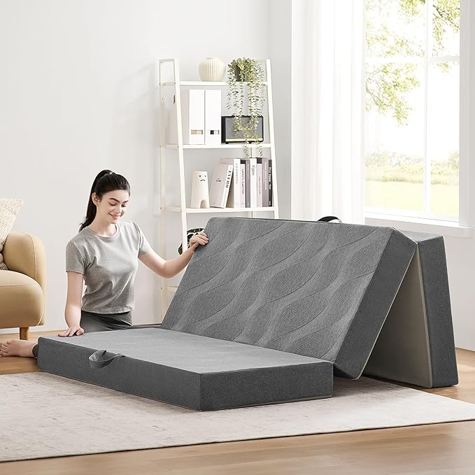 Foldable Mattress Full 6 inch -Portable Grey Memory Foam Folding Matress with Washable Cover for Camping Travel Guest Room Home Use-Non-Slip&Easy Storage