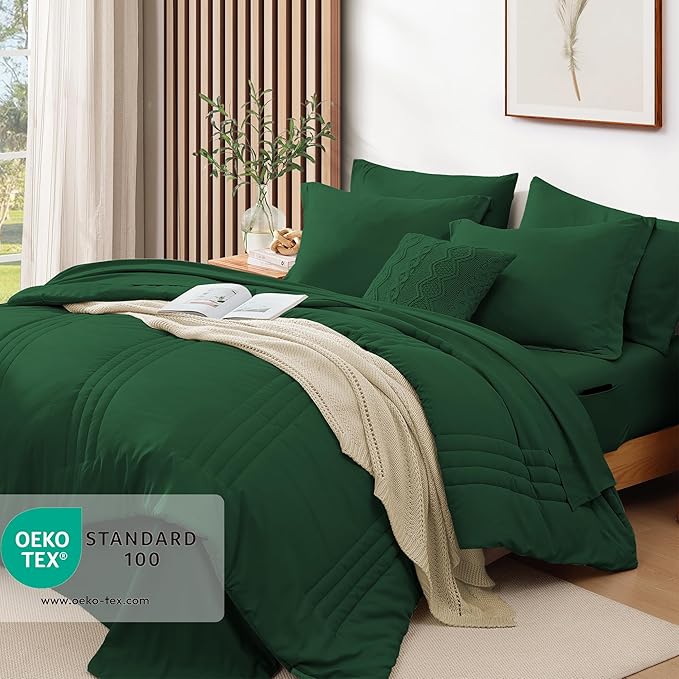 Monbix Full Comforter Set - 7 Pieces Emerald Green Bed in a Bag Full Size Bedding Sets with Comforters, All Seasons Down Alternative Comforter with Sheets, Pillowcases & Shams
