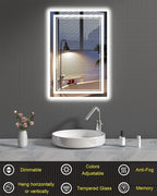 24x36 Inch Bathroom Mirror with Lights, LED Vanity Mirror for Bathroom Wall Mounted with Threefold Brightness by 2 Front Lights & 1 Backlit, Anti-Fog, Stepless Adjusted, Unbreakable Tempered Glass