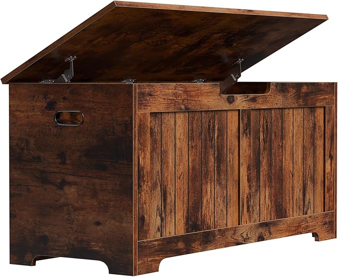 Wooden Storage Chest Box with Flip-top Lid & Safety Hinge, 39.4 Inch Living Room Organizer, Bedroom Bench, Rustic Brown