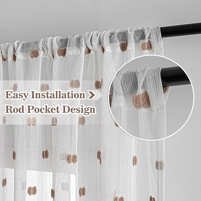 MYSKY HOME White Curtains for Bedroom 72 Inch Length Long Sheer Curtains for Kids Room Nursery Curtains with Taupe Patched Design Rod Pocket Privacy Window Drapes Dining Room 52" x 72" 2 Panels