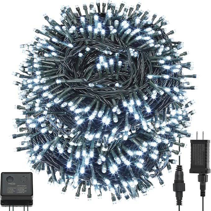 QUWIN Led Outdoor Christmas String Lights, 500 LED UL Certified 8 Lighting Modes, Indoor & Outside Waterproof Fairy Light for Christmas Tree, Patio, Holidays, Party (180 Ft Cool White)