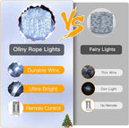 Ollny 100 LED Remote Control Rope Lights, 33FT USB Power Cool White String Lights, 8 Modes IP68 Waterproof Timer Fairy Lights for Bedroom Indoor Party Wedding Decor
