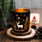 Votive Candle Holders, Black and Gold Glass Tealight Candle Holder Set of 3, Christmas Candle Holder with Elk, Xmax Tree, Snowflake Pattern, Table Canterpieces for New Year Party Decor