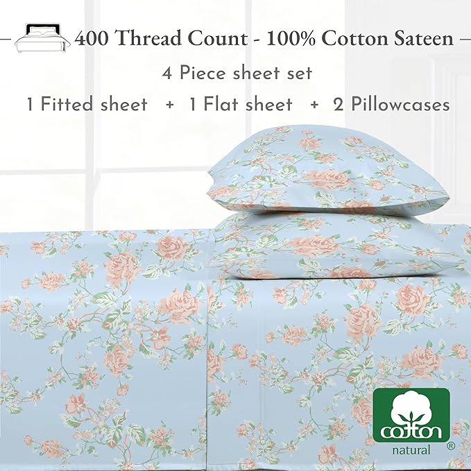 California Design Den Full Size Bed Sheets Set - 400 Thread Count Sateen, Natural 100% Cotton Sheets for Full Size Bed, Deep Pocket Cooling and Durable Bedding Set - Antique Rose