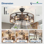 DLLT Caged Ceiling Fan with Lights: 26" Bladeless Fandelier with Light and Remote - Walnut Industrial Chandelier Fan Light for Bedroom Living Dining Room Kitchen
