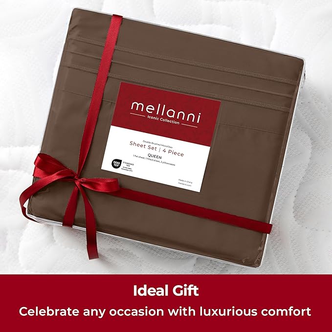 Mellanni Extra Deep Twin XL Sheets - 3 PC Iconic Collection Bedding - Hotel Luxury, Ultra Soft, Cooling Bed Sheets - Wrinkle, Fade, Stain Resistant (Twin Extra Long, Brown)