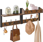 YMYNY 31.5" Coat Rack Wall Mount with Shelf, 4 in 1 Key and Coat Hanger with 12 Metal Hooks, Wall Shelf with Hooks & Mail Holder for Living Room, Bedroom, Rustic Brown, HWS007H-2
