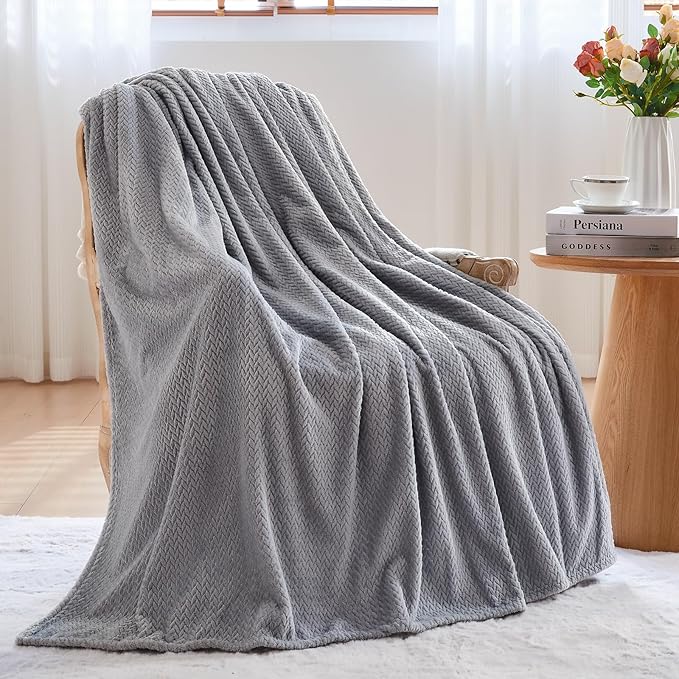 NEWCOSPLAY Super Soft Throw Blanket Grey Premium Silky Flannel Fleece Leaves Pattern Lightweight Bed Blanket All Season Use (Grey, Throw(50"x60"))