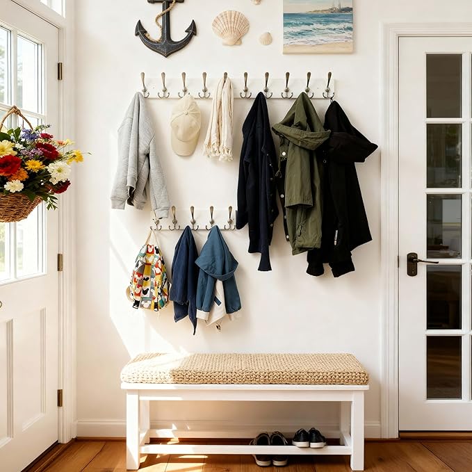SKOLOO Creations White Solid Wood Wall Mounted Coat Rack, 5 Hooks, 17" Long - Kitchen, Mudroom, Entryway, Bathroom - Includes Mounting Hardware, Wall Coat Hanger, Towel Rack