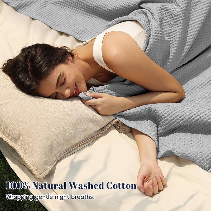 PHF 100% Cotton Waffle Weave Blanket Twin Size for Bed,Snag Proof Lightweight Breathable Moisture-Wicking Throw for Couch,Great for Layering in Cold Weather,Machine Washable,Home Decor Gift-Light Grey