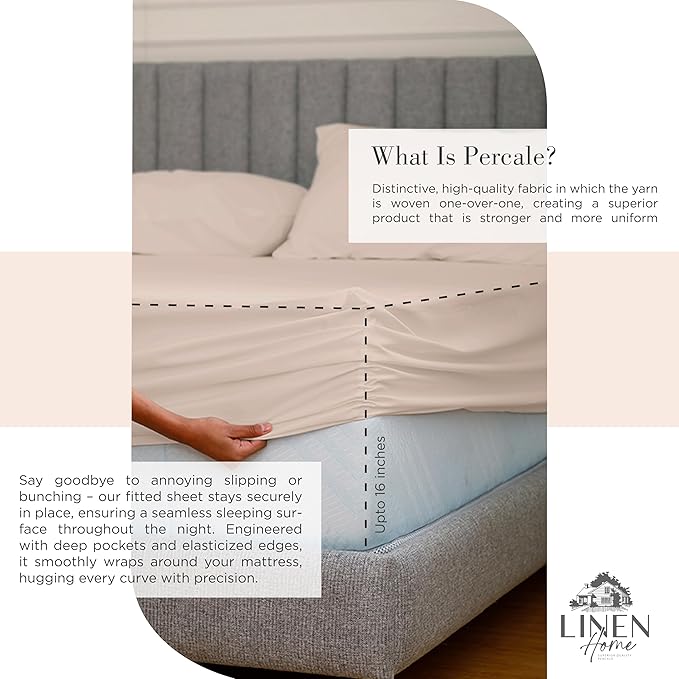 Linen Home 100% Cotton Percale Sheets California King Size, Sand Shell, Deep Pocket, 4 Pieces Set - 1 Flat, 1 Deep Pocket Fitted Sheet and 2 Pillowcases, Crisp Cool and Strong Bed Linen