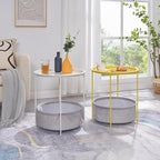 VECELO Round Side/End Table with Fabric Storage Basket，Metal Anti-Rust and Waterproof Small Bedside Nightstand with Removable Tray Top for Living Room，Balcony & Laundry，Yellow /1pcs with Basket