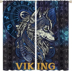 Viking Wolf Curtains Blue Rune Nordic Gothic Animal Curtains Dark Ancient Totem Mythological Pattern Printed Curtains Boys Bedroom Living Room Decoration Blackout Curtains W52 * L84 Inch