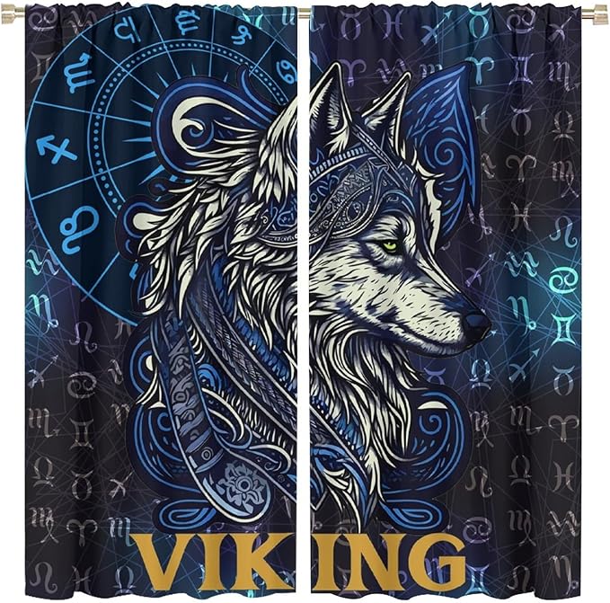 Viking Wolf Curtains Blue Rune Nordic Gothic Animal Curtains Dark Ancient Totem Mythological Pattern Printed Curtains Boys Bedroom Living Room Decoration Blackout Curtains W84 * L84 Inch