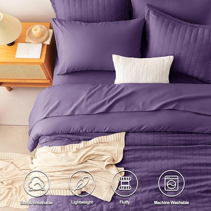 CozyLux Full Size Comforter Sets with Sheets 7 Pieces, Purple Seersucker Bed in a Bag Textured Luxury Soft Bedding Set with Down Alternative Comforter, Sheets, Pillowcases & Shams for All Seasons