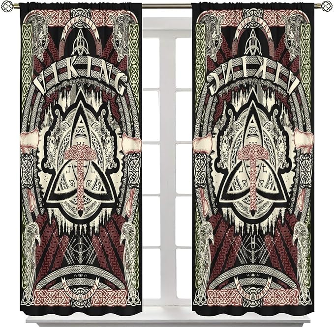 Viking Curtains Nordic Mythology Rune Weapon Antique Viking Pirate Crow Art Pattern Printed Curtains Bedroom Living Room Decoration Blackout Curtains W55 * L63 Inch