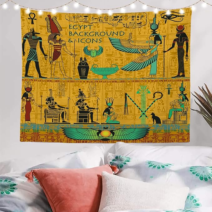 Batmerry Yellow Ancient Egyptian Tapestry, Horus Wall Art Hanging Decoration Polyester Fiber White Ruffled Around for Dorm Room Bedroom Living Room, 39.1x59.1 inches