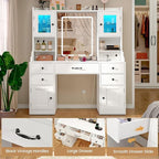 Quimoo Vanity Desk with Lighted Mirror & Power Outlet, 3 Color Modes & Adjustable Brightness, Makeup Vanity Table with 5 Drawers, 2 cabinets, 2 RGB cabinets, for Bedroom, White