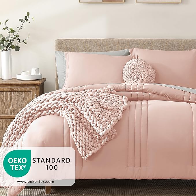 Monbix Queen Comforter Set - 7 Pieces Light Pink Bed in a Bag Queen Bedding Sets with Comforters, All Seasons Down Alternative Comforter Bed Set with Sheets, Pillowcases & Shams
