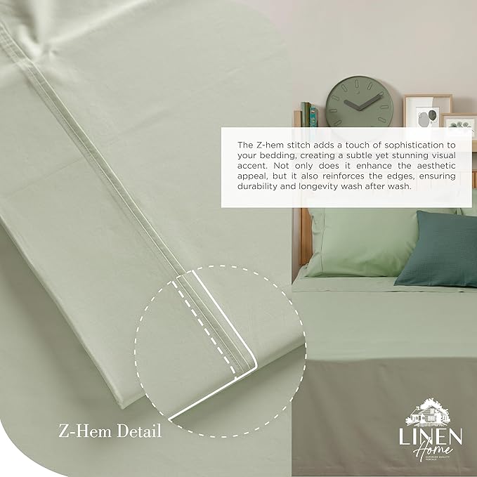 Linen Home 100% Cotton Percale Sheets Twin XL Size, Sage, Deep Pocket, 3 Pieces Set - 1 Flat, 1 Deep Pocket Fitted Sheet and 1 Pillowcase, Crisp Cool and Strong Bed Linen