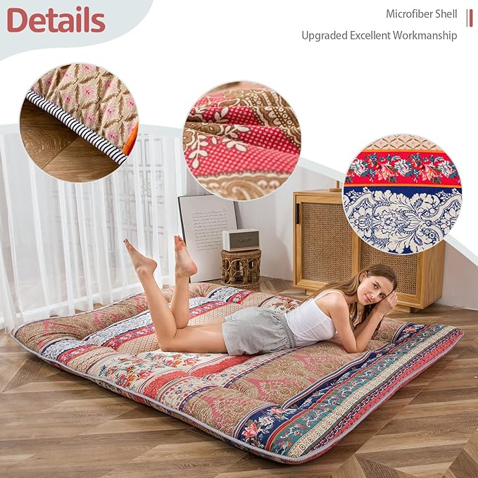 MAXYOYO Bohemian Retro Floor Mattress Vintage Floral Japanese Futon Mattress Roll Up Thicken Sleeping Bed Portable Camping Mattress Floor Lounger Couch Bed Mattress Pad, King Size