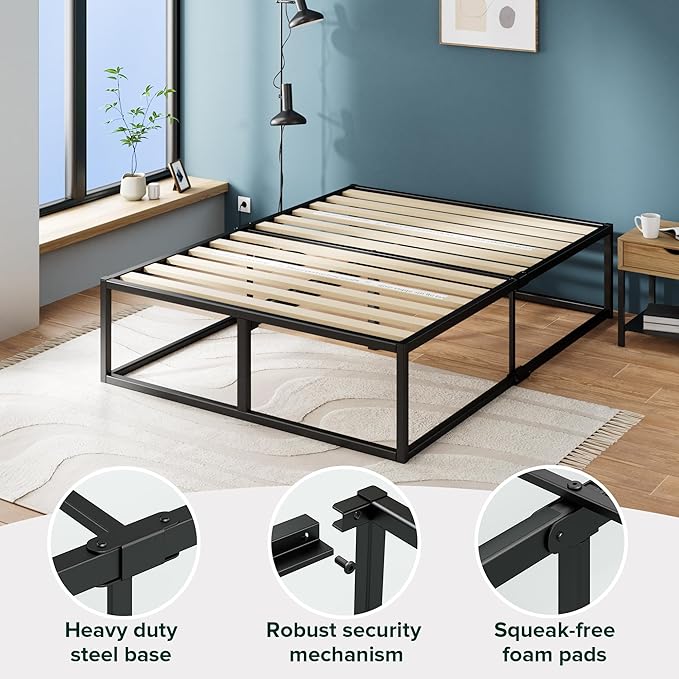 Zinus Joseph 18 Inch Platform Bed Frame, Wood Slat Support, No Box Spring Needed, Eco Friendly WonderBox(TM) Packaging, Easy Assembly, Black, Full