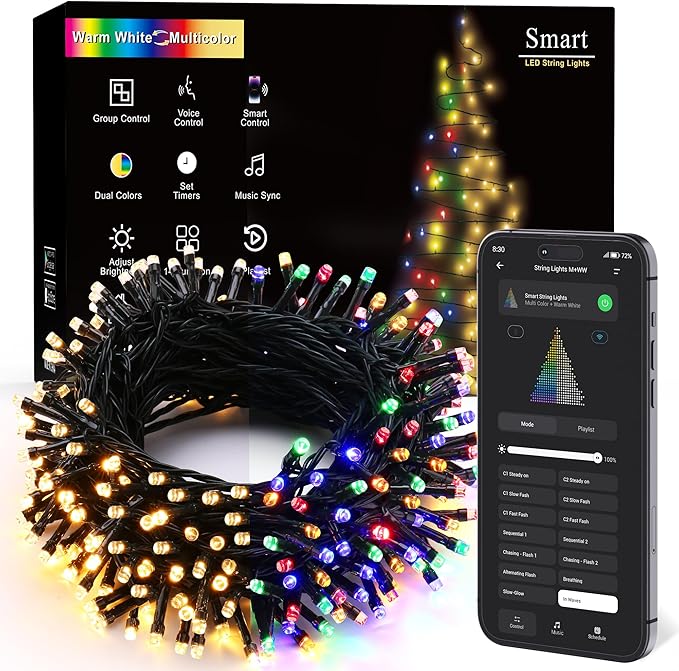 Brizled Smart Christmas String Lights, 66FT 200 LED Color Changing Christmas Lights App & Voice Control, Dimmable Warm White & Multicolor Xmas Tree Light Music Sync for Indoor Outdoor Wedding Party
