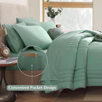 Monbix Queen Comforter Set - 7 Pieces Harbor Green Bed in a Bag Queen Bedding Sets with Comforters, All Seasons Down Alternative Comforter Bed Set with Sheets, Pillowcases & Shams
